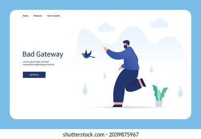 Man Running Chasing Loose Bird. Bad Gateway For Websites And Mobile Sites. Empty State