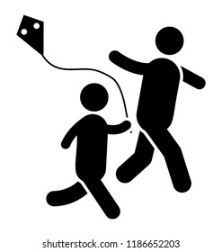 A man is running and child is holding kite denoting catching kite activity 