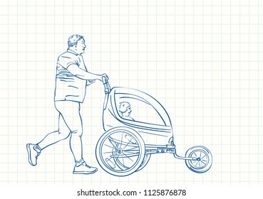 Hombre corriendo con un niño en un cochecito de trompa, boceto de lápiz azul en la página de cuaderno cuadrado de cuadrícula, ilustración lineal de vector dibujado a mano