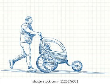 Homem correndo com criança em carrinho de corrida, Esboço de caneta azul na página de bloco de notas de grade quadrada, ilustração de vetor desenhada à mão