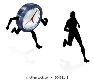 A man running from a clock or racing it concept for time pressure or work life balance, being stressed, racing a deadline or getting a record time
