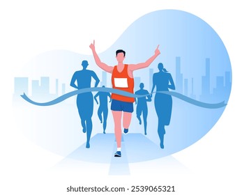 man running with clothes on marathon race, athletics event, sports group jogging, city background design vector 