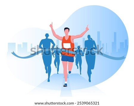 man running with clothes on marathon race, athletics event, sports group jogging, city background design vector 