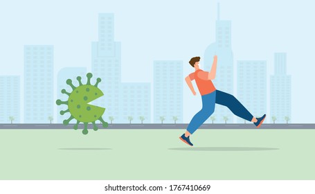 Man running from corona virus concept illustration