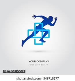 MAN RUNNING IN CROSS SYMBOL SILHOUETTE, LOGO / ICON