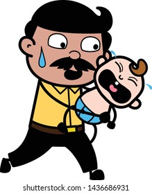 A Man Running with Crying Baby - Indian Cartoon Man Father Vector Illustration