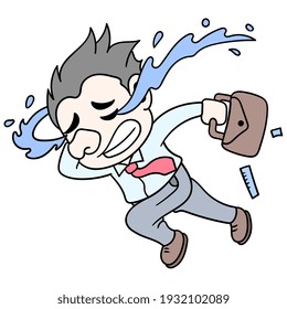 a man running, crying sadly because he was fired from a job, vector illustration art. doodle icon image kawaii.