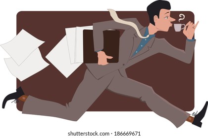 Man running with a cup of coffee, losing papers, vector illustration