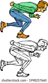 Man in running and dodging motion. Hand drawn vector illustration.