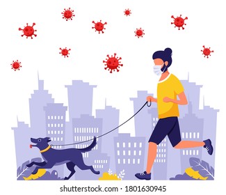 Man running with dog during pandemic. Man in face mask. Outdoor activities during pandemic. Vector illustration in flat style.