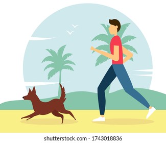 Man running with the dog on the beach. Cute vector illustration in flat style. 