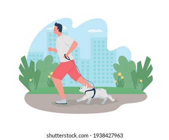 Man running with dog on leash 2D vector web banner, poster. Pet owner exercising with french bulldog flat characters on cartoon background. Outdoor activity printable patch, colorful web element