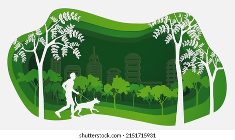 Hombre corriendo con perro en el parque. Estilo de corte de papel vector
