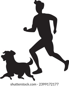 man running with dog, they look cheerful, silhouette, vector, image material for poster banner sticker etc.