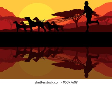 Man running with dogs in nature park landscape background illustration vector