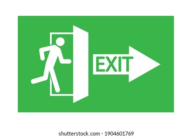 A man running at the door. Arrow labeled EXIT. Green evacuation sign. A pointer to escape. Stock image. EPS 10.