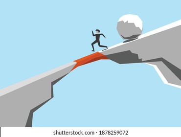 Man running down a mountain followed by a big rock rolling after him, business concept of danger, going downhill, risk avoidance, escaping