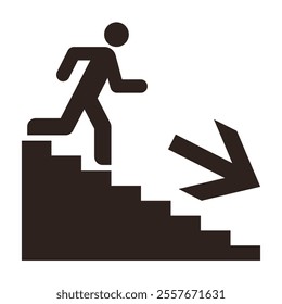 Man running down stairs with direction arrow. Escape help evacuation icon isolated on white background