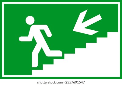 Man running down stairs with direction arrow. Exit way icon. Emergency exit. Safety symbol. Escape help evacuation sign.