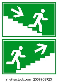 Man running down stairs with direction arrow, Man running up stairs with direction arrow. Exit way icons. Emergency exit. Safety symbol. Escape help evacuation sign set.