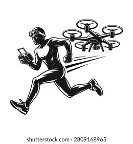 Man running with drone and remote control in hand fast technology and sports