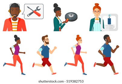 Man running with earphones and armband for smartphone. Running man listening to music on smartphone. Man running with smartphone. Set of vector flat design illustrations isolated on white background.