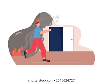 Man running to the exit door, building fire. Character design. Vector flat illustration