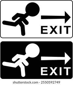 A man running Exit sign, sign arrow. isolated. sign board. illustration. eps. vector. black and white. element. man icon. exit, Fire sign vector illustration.