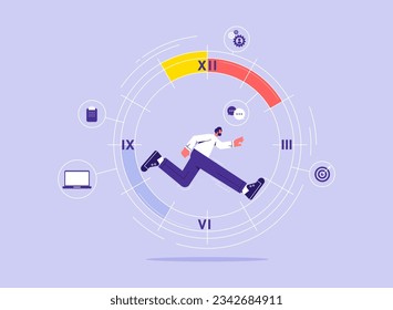 Man running fast in circles, busy worker makes schedule, businessman manages urgent tasks, events in graphic, clock reminds about deadline