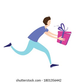 Man running fast with gift box for delivery