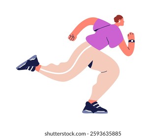 Man running fast. Male rushing at speed with sport energy. Cardio training, endurance workout activity. Active speedy person exercising. Flat graphic vector illustration isolated on white background