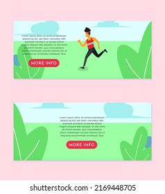 Man Running Flat Illustration Banner Set Design Template EPS10 man, guy with sporty headband running, jogging, marathon in a park background with description box and a red more info button banner set