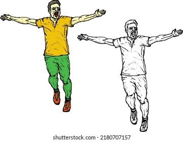 Man running forward with open arms, isolated against white. Hand drawn vector illustration.