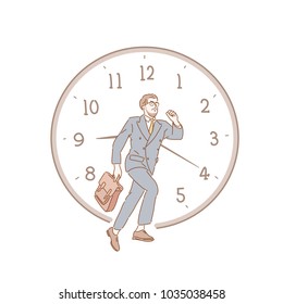 A man running in front of a huge clock. hand drawn style vector doodle design illustrations. A man running in front of a huge clock. hand drawn style vector doodle design illustrations.