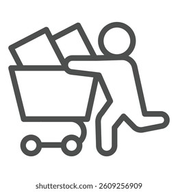 Man running with full cart line icon, black friday concept. Vector graphics. Buyer with purchase packages, shopping sign on white background, outline style icon for mobile or web design