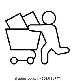 Man running with full cart thin line icon, black friday concept. Vector graphics. Buyer with purchase packages, shopping sign on white background, style mobile or design