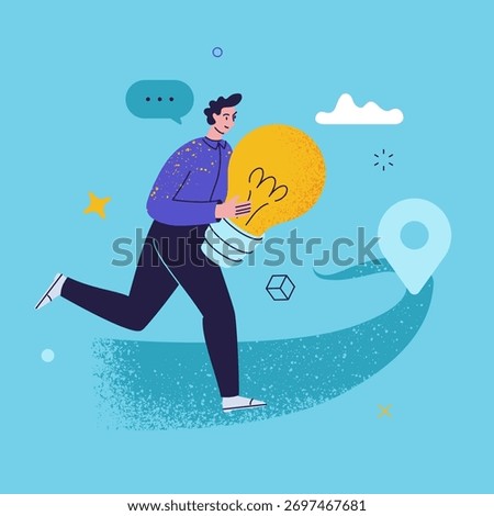 Man running with a giant light bulb. Creative idea generation, solution, and innovation concept. Business idea searching, finding and realization.