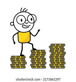 Man running to golden stack coins for his financial independence. Financial planning for the future. Vector stock illustration.