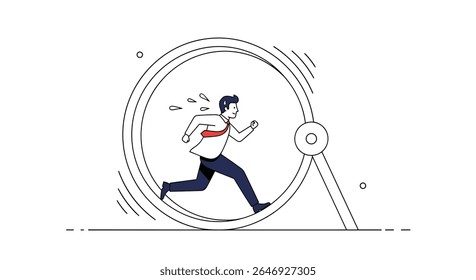 Man running in a hamster wheel representing the cycle of exhausting work and daily grind