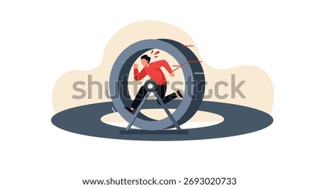 Man Running in Hamster Wheel Represents Busy Life and Stressful Work