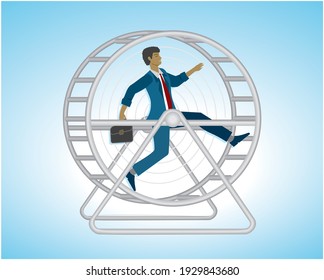 Man running in hamster wheel. Stress in life. Vector illustration.