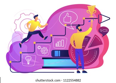 A man running up to the hand drawn stairs as a concept of coaching, business training, goal achievment, success, progress, carreer ladder, violet palette. Vector illustration on white background.