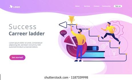 A man running up to the hand drawn stairs as a concept of coaching, business training, goal achievment, success, progress, carreer ladder, violet palette. Website landing web page template.