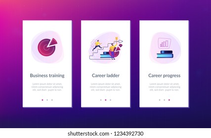 A man running up to the hand drawn stairs as a concept of coaching, business training, goal achievment, success, progress, carreer ladder, violet palette. Mobile UI UX app interface template.