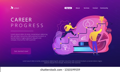 A man running up to the hand drawn stairs as a concept of coaching, business training, goal achievment, success, progress, carreer ladder, violet palette. Website landing web page template.