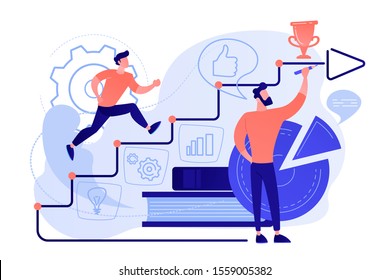 A man running up to the hand drawn stairs as a concept of coaching, business training, goal achievment, success, progress, carreer ladder, pinkish coral blue palette. Vector illustration on white