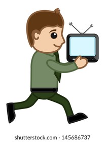 Man Running Having TV in His Hands - Vector Illustration