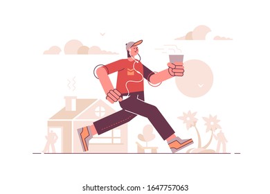 Man running in headset and listening music vector illustration. Guy hurrying to work and drinks coffee on way. Hasty pace of life concept. Isolated on white