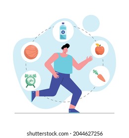 man running with healthy icons on white background