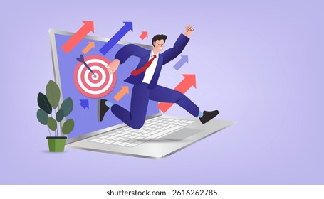 A man is running with his belly out of his laptop. Focus on business goals. Business growth. To achieve the set goals. stressful businessman carry busy work to finish. 